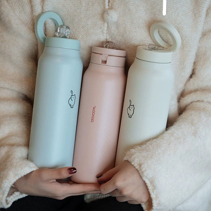 Magnetic Phone Holder Ring Thermal Flask with Straw