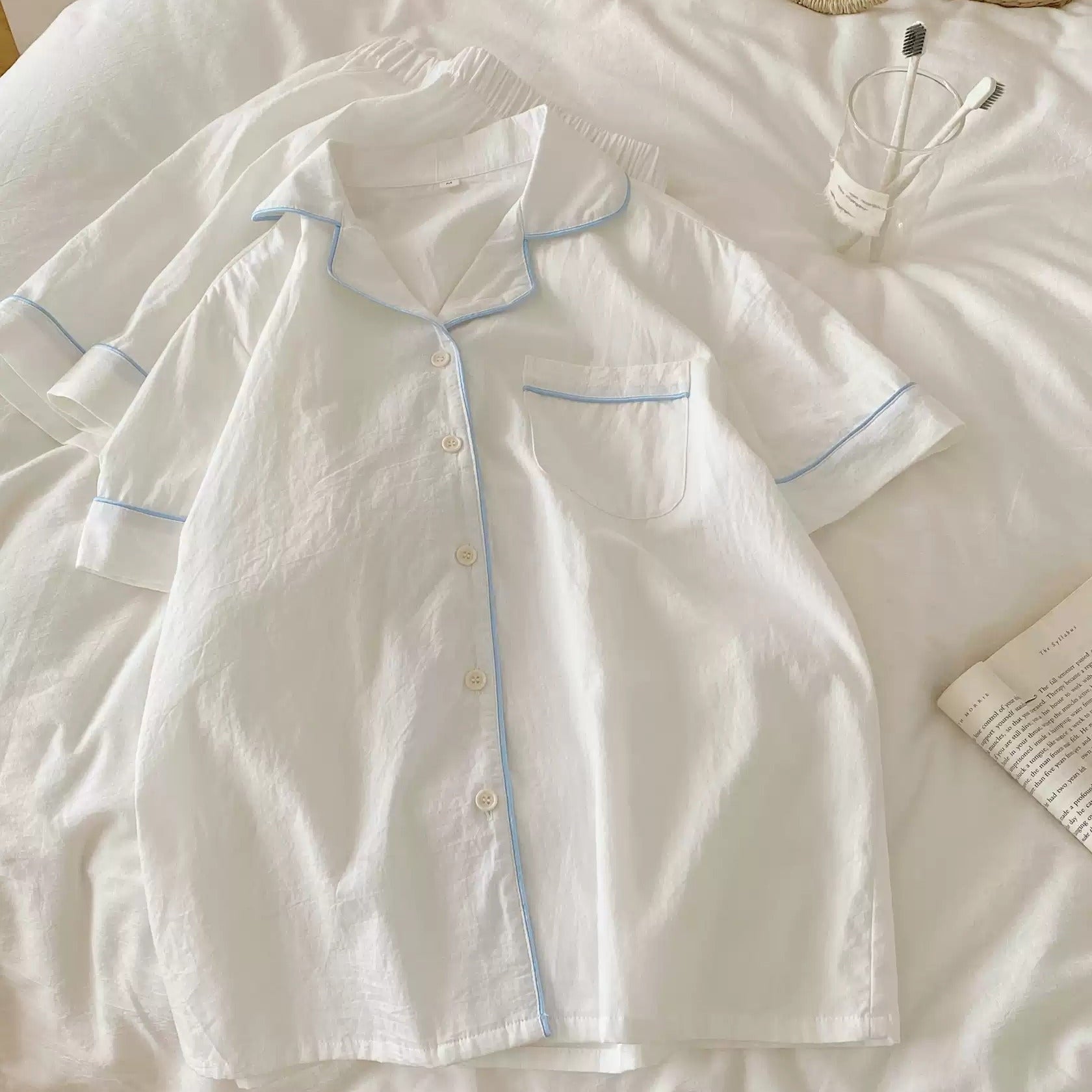 Peppermint Short-Sleeve Pajama Set with Contrast Piping